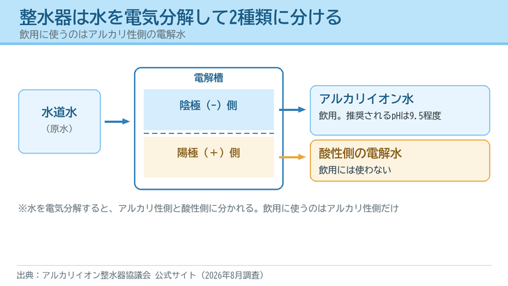 整水器の電解槽の模式図。水道水を電気分解し、陰極側から飲用のアルカリイオン水、陽極側から酸性の電解水が得られることを示した図
