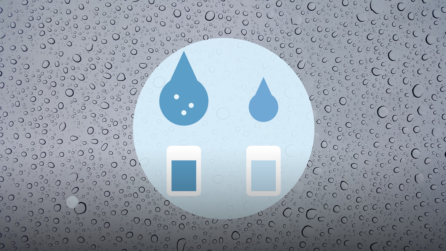 水滴の写真を背景に大小の水滴とグラス2個を描いたイラスト（軟水と硬水の違いの記事）