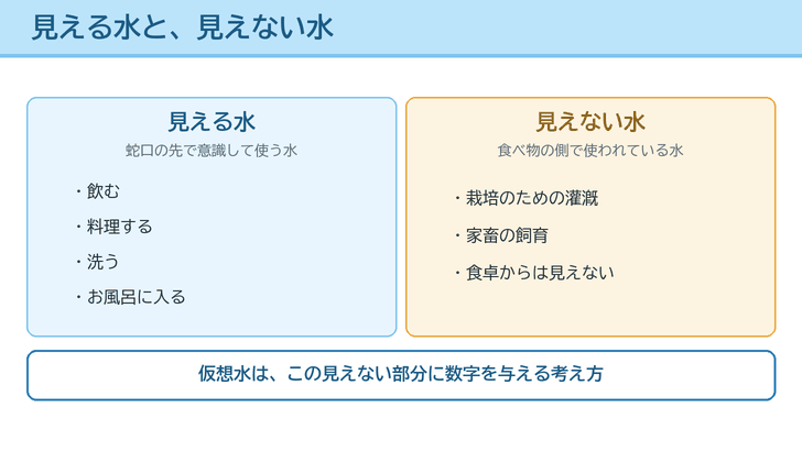 蛇口の先で使う「見える水」と、食べ物の生産に使われる「見えない水」を左右に並べて対比した図