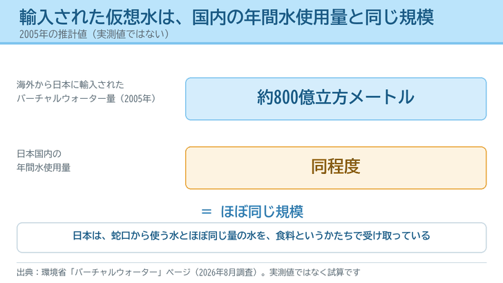 2005年に輸入されたバーチャルウォーター量約800億立方メートルと、日本国内の年間水使用量が同程度であることを2本の帯で並べた図