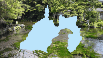 静岡県の地図輪郭を重ねた採水地シリーズのアイキャッチ。背景は富士山本宮浅間大社の湧玉池