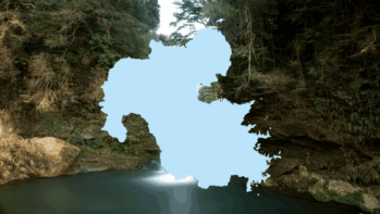 大分県の地図輪郭を重ねた採水地シリーズのアイキャッチ。背景は玖珠川にかかる慈恩の滝