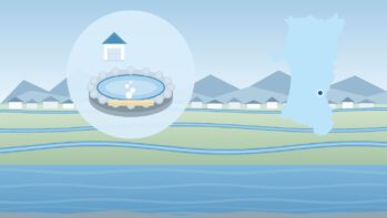六郷湧水群（秋田県美郷町）の丸アイコンと、秋田県の輪郭を重ねた自作の背景イラスト