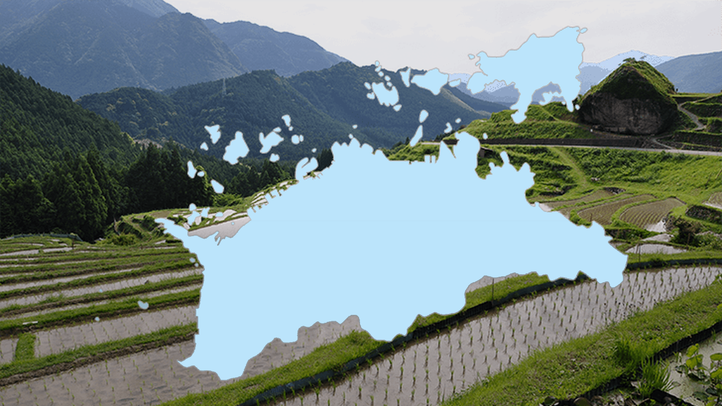 香川県の地図輪郭を重ねた名水百選シリーズのアイキャッチ。背景は棚田と山並み