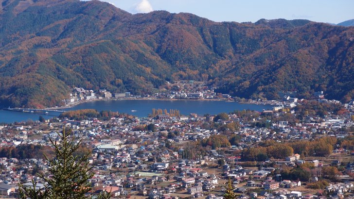 高台から見下ろした富士河口湖町の市街地。奥に河口湖と紅葉した山並みが広がる