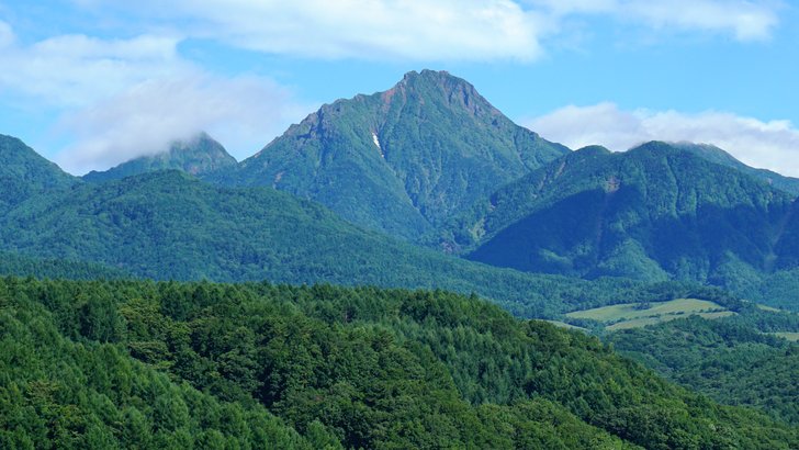 北杜市から望む八ヶ岳南部の山並み。手前に広い森が広がる