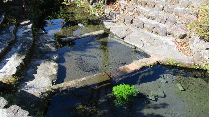 南阿蘇村の川地後水源。石段に囲まれた湧水の洗い場に澄んだ水がたまる