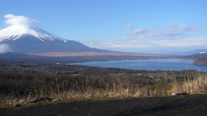 冬枯れの高原から見下ろす山中湖と富士山。湖の向こうに低い山並みが続く