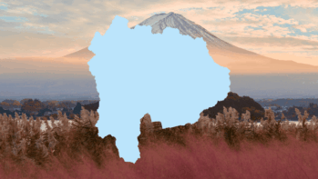 山梨県の形のシルエットと、河口湖畔から見た富士山とピンクのススキの原