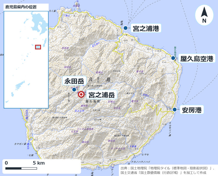 屋久島の宮之浦岳、永田岳、宮之浦港、屋久島空港、安房港の位置を示した地図。宮之浦岳は島の中央にあり、港と空港は北東から東の海岸にある