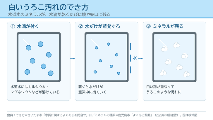 鏡に付いた水滴が乾くと、水に溶けていたカルシウムやマグネシウムなどのミネラルが残り、白い汚れになる流れを3段階で描いた図